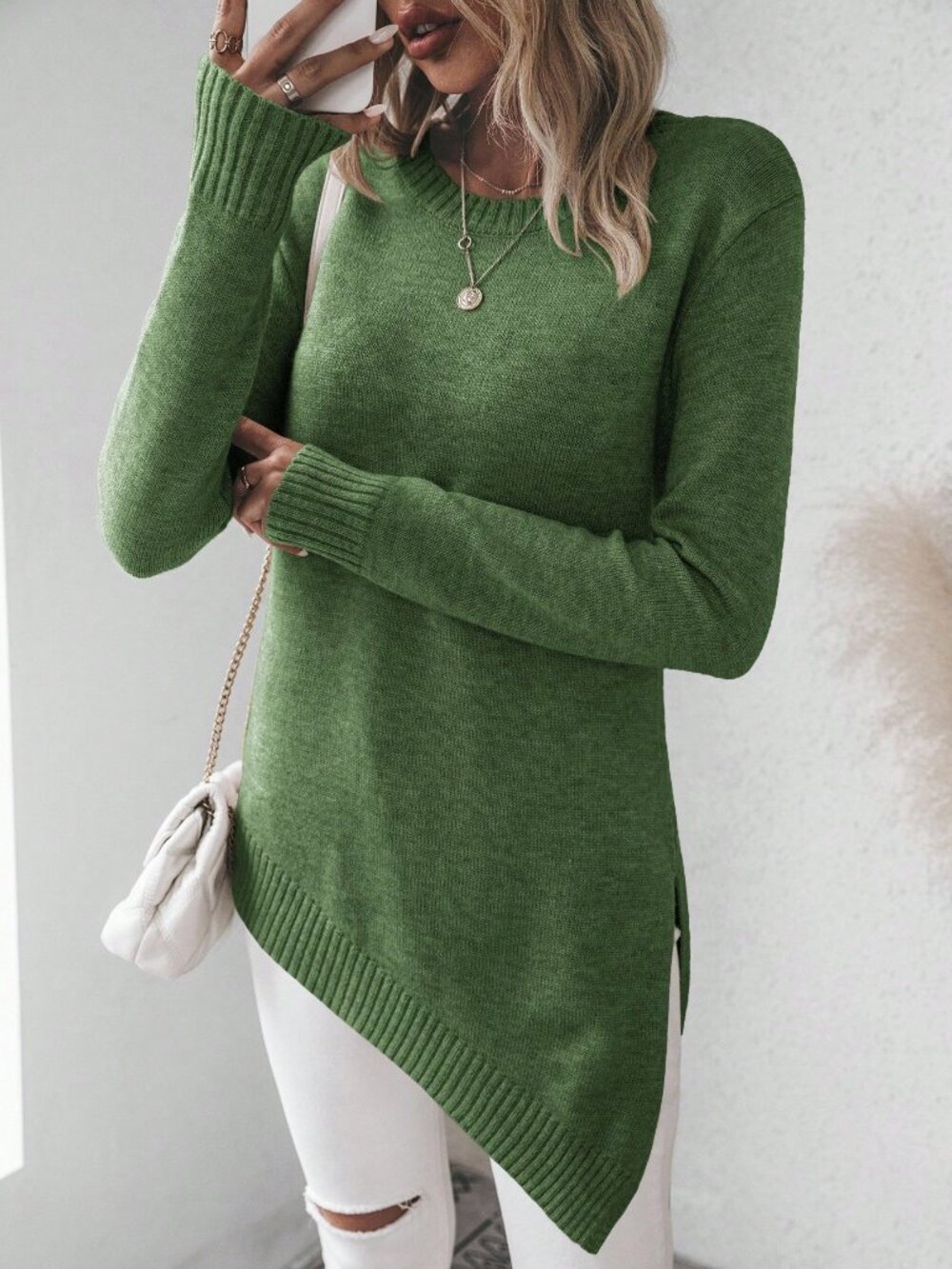 Army Green Casual Women's Slim Fit Split Asymmetrical Zip Pullover Sweater